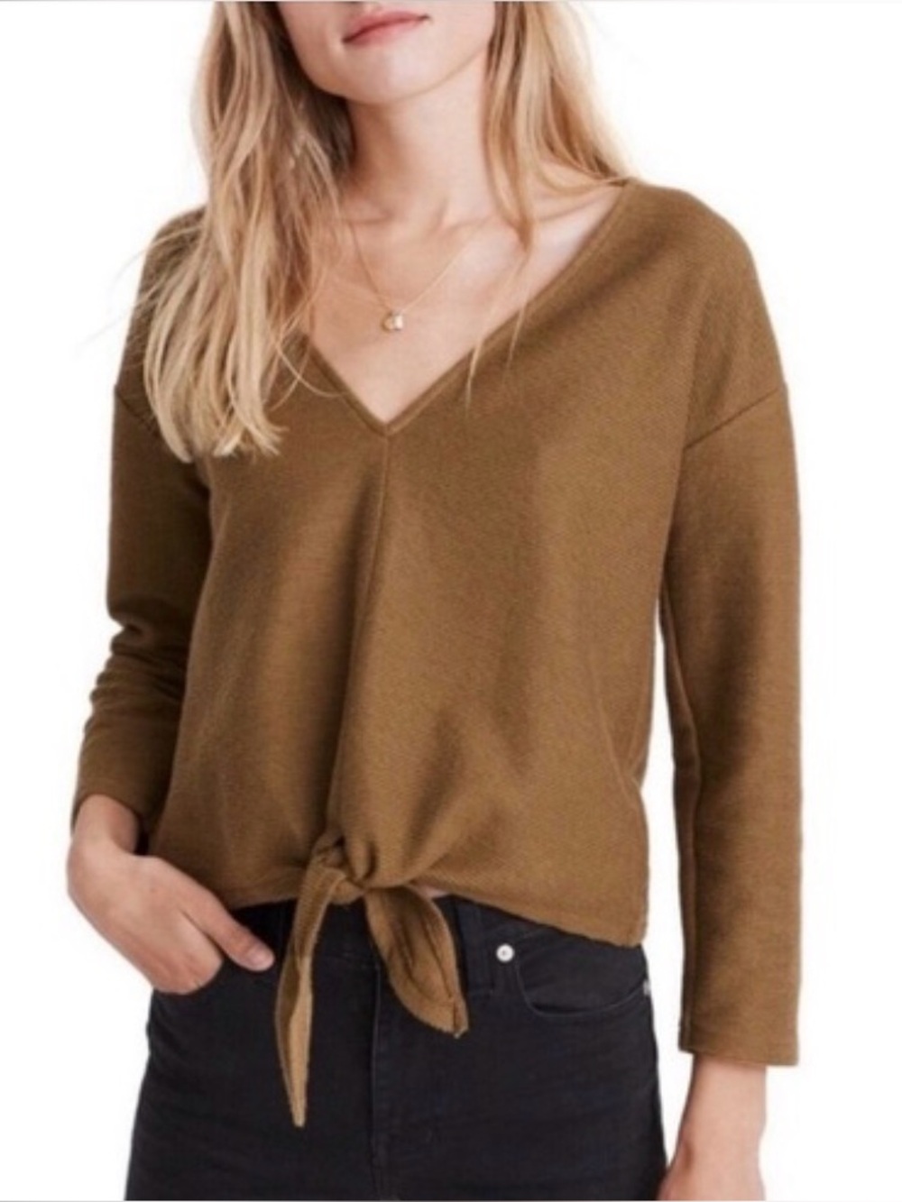 Texture & Thread Madewell 100% Cotton Crop V Neck Ribbed Tie Front Top Size M